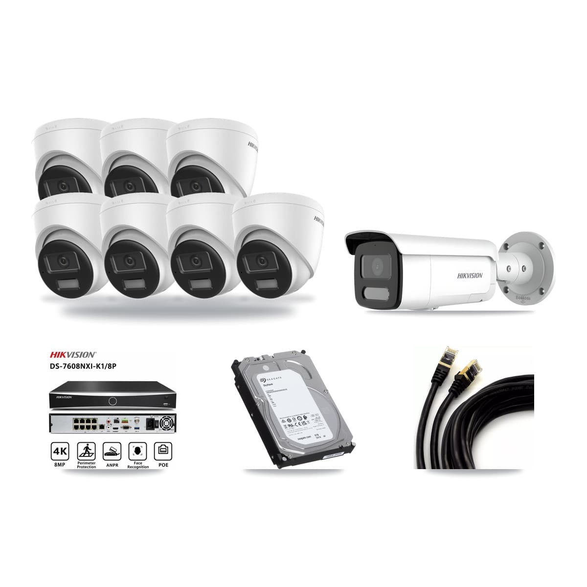 Hikvision 8-Channel 4MP – 4K CCTV Kit — 7 DS-2CD1383G2-LIUF/SL 4K Turret + 1 DS-2CD2T47G2H-LISU/SL 4MP Bullet Cameras + 6TB Recording (DS-7608NXI-K1/8P Recorder) - Image 1