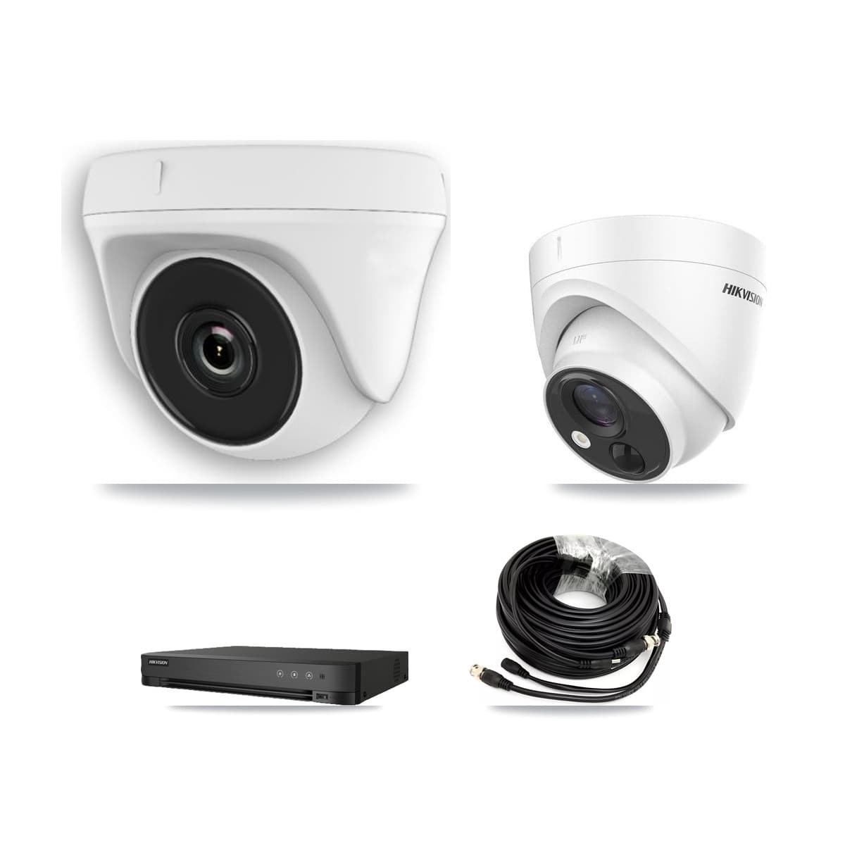 Hikvision 8-Channel 2MP – 5MP CCTV Kit — 1 DS-2CE71H0T 5MP Turret + 3 White HDT-2MP-N20W 2MP Dome Cameras + 3TB Recording (IDS-7208HQHI Recorder) - Image 1