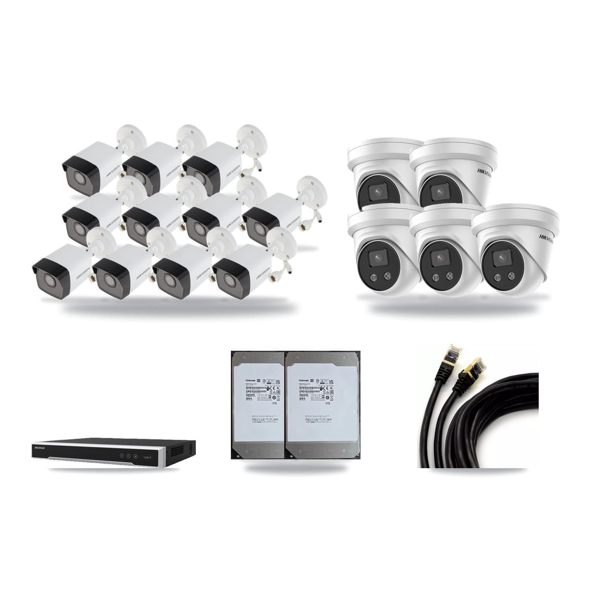 Hikvision 16-Channel 5MP CCTV Kit — 11 Bullet + 5 Turret Cameras + 2× 14TB Recording (DS-7616NI-M2 Recorder) - Image 1