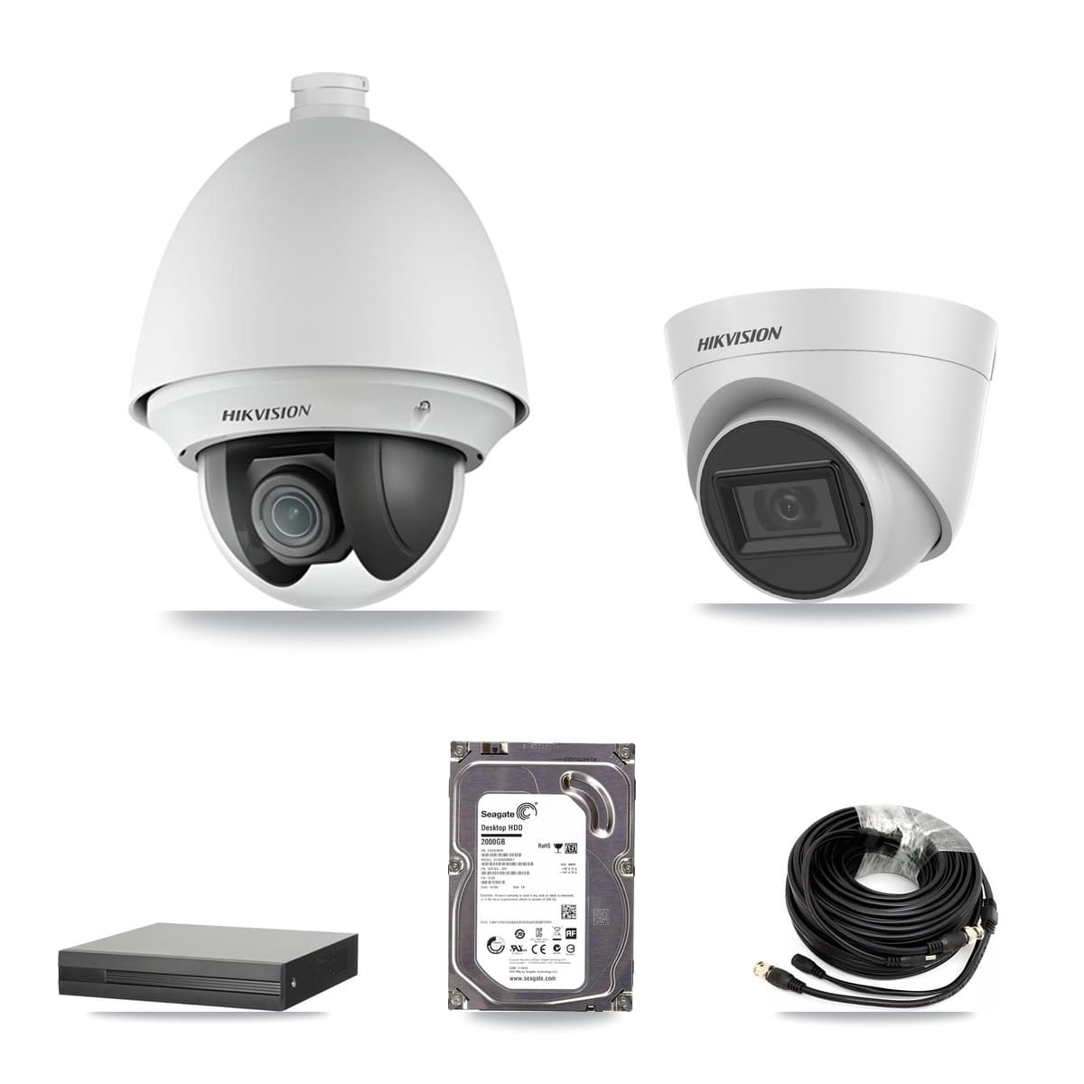 Hikvision 4-Channel 2MP – 5MP CCTV Kit — 1 2MP PTZ + 1 White 5MP Turret Cameras + 2TB Recording (XVR-3104HS Recorder)