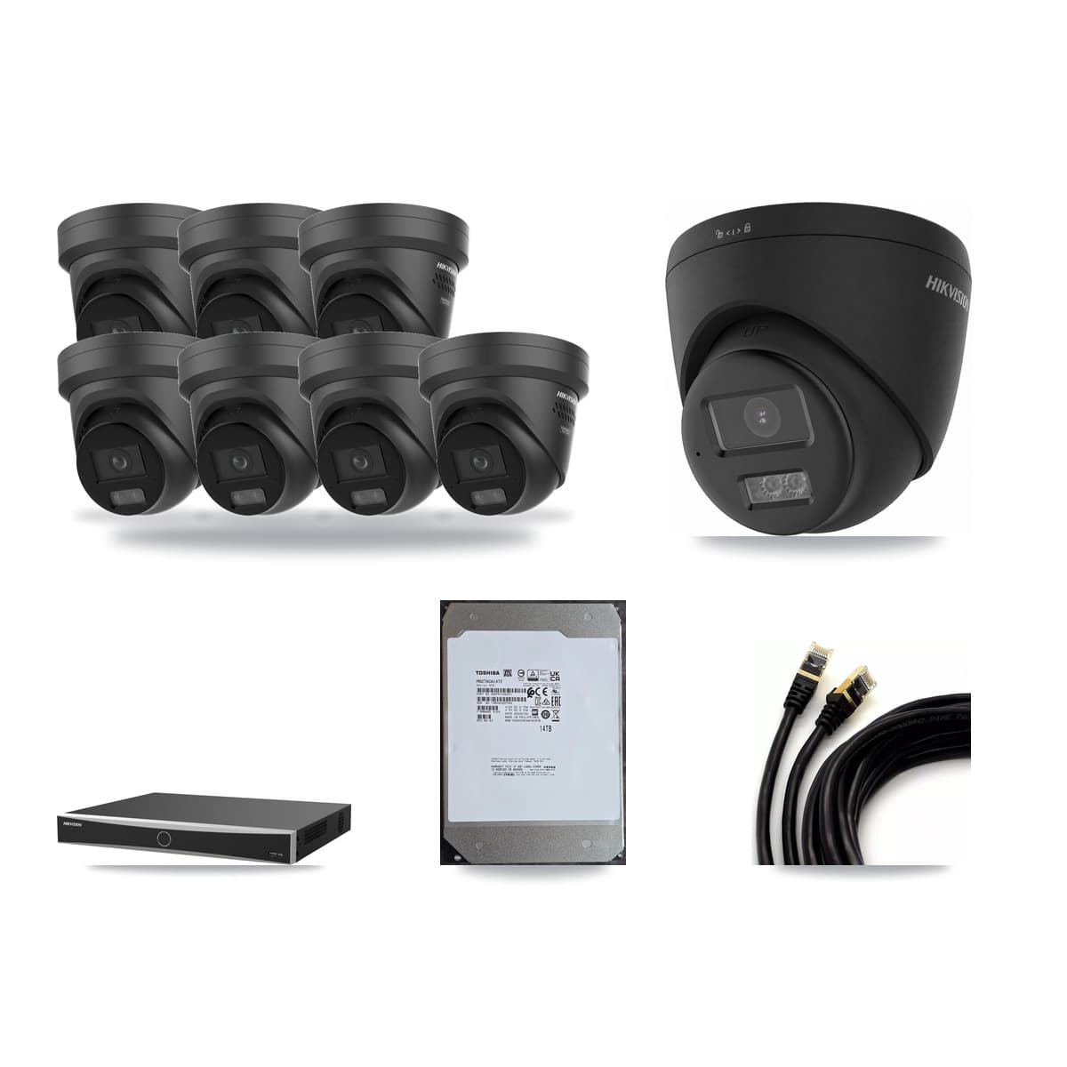 Hikvision 16-Channel 4K CCTV Kit — 1 Black DS-2CD1383G2 + 7 Black DS-2CD2387G3 Turret Cameras + 14TB Recording - Image 1