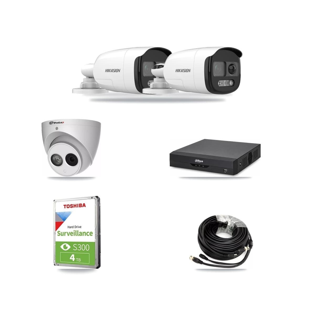 4-Channel 4MP – 5MP CCTV Kit — 2 DS-2CE12KF3T 5MP Bullet + 1 PXC-612C4W-A 4MP Turret Cameras + 4TB Recording (DH-XVR5104HS Recorder) - Image 1