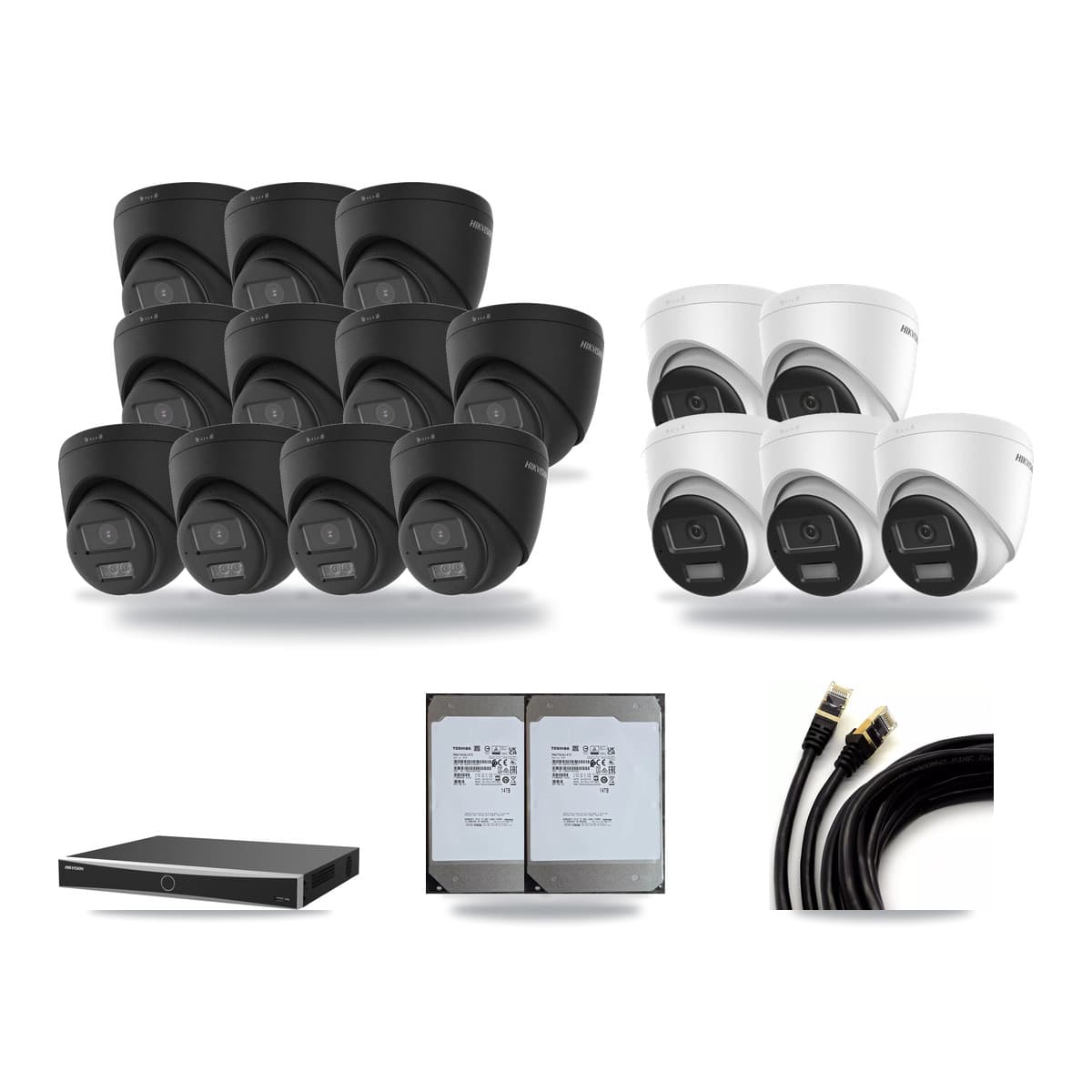 Hikvision 16-Channel 4K CCTV Kit — 5 DS-2CD1383G2 + 11 Black DS-2CD1383G2 Turret Cameras + 2× 14TB Recording - Image 1