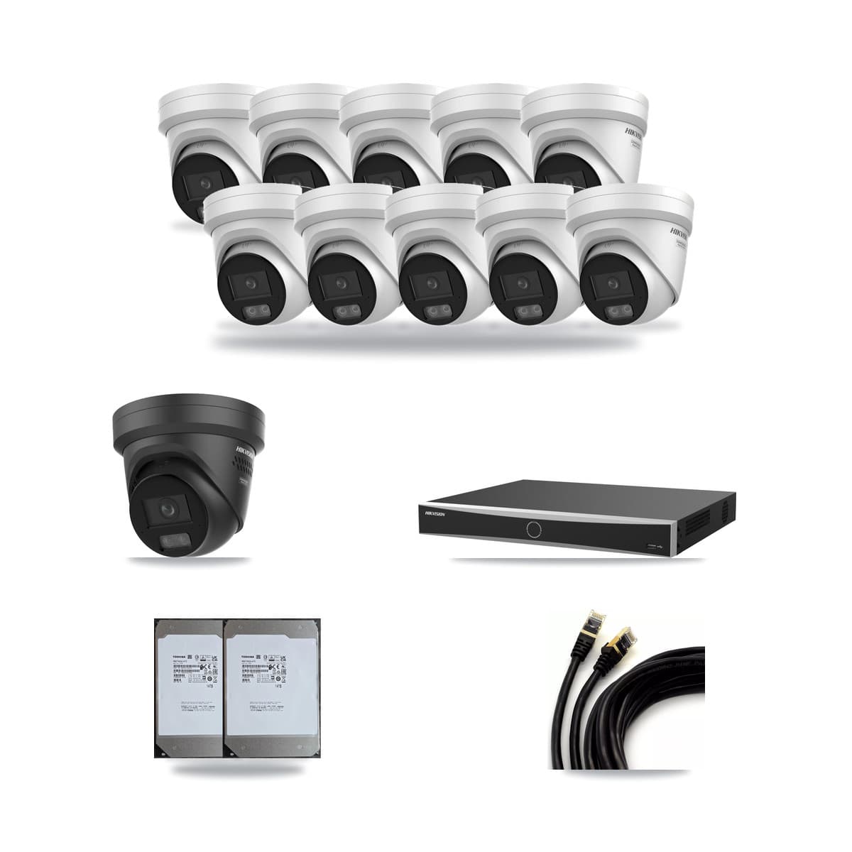 Hikvision 16-Channel 4K CCTV Kit — 10 + 1 Black Turret Cameras + 2× 14TB Recording (DS-7616NXI Recorder) - Image 1