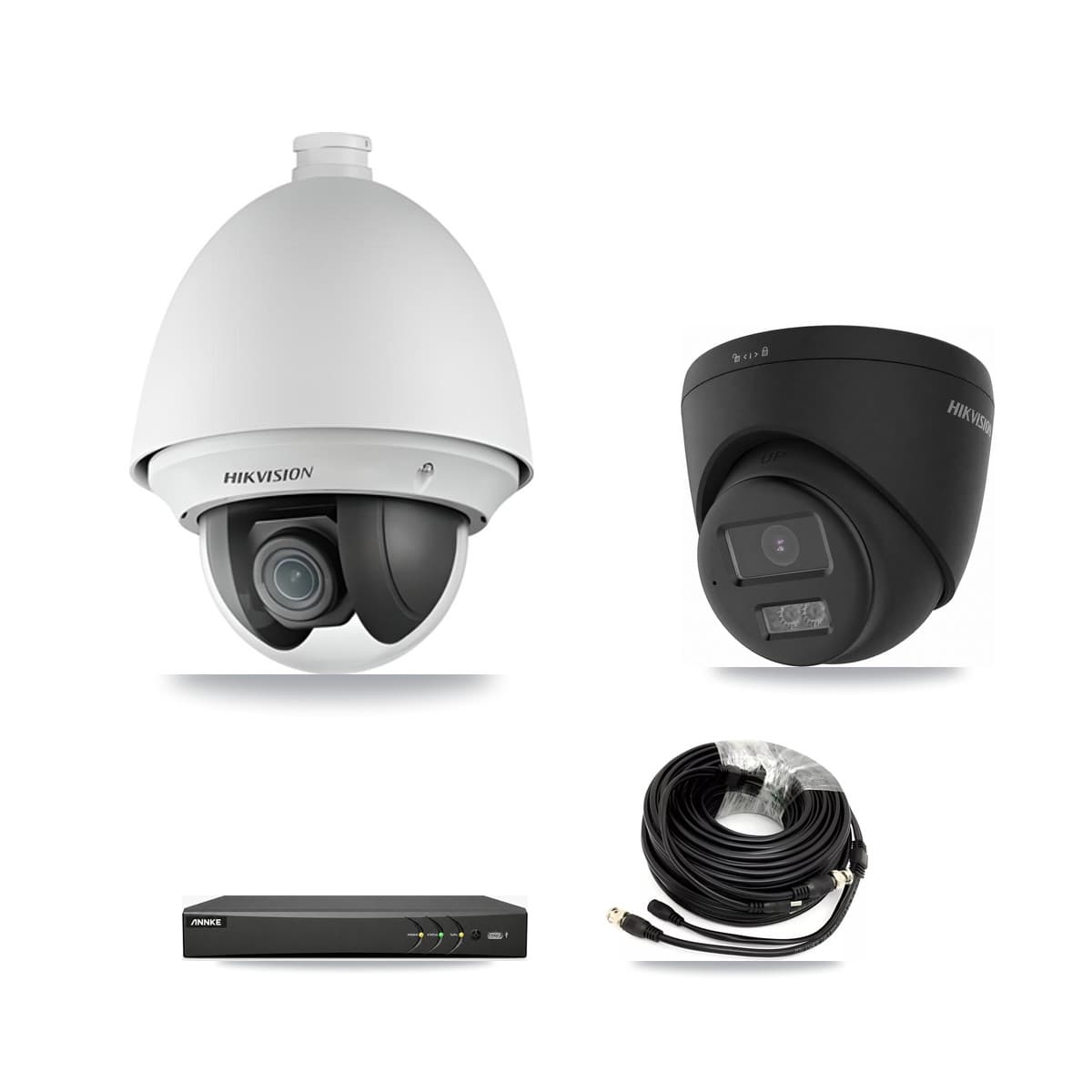 Hikvision & ANNKE 4-Channel 2MP – 4K CCTV Kit — 1 2MP PTZ + 1 Black 4K Turret Cameras + 3TB Recording