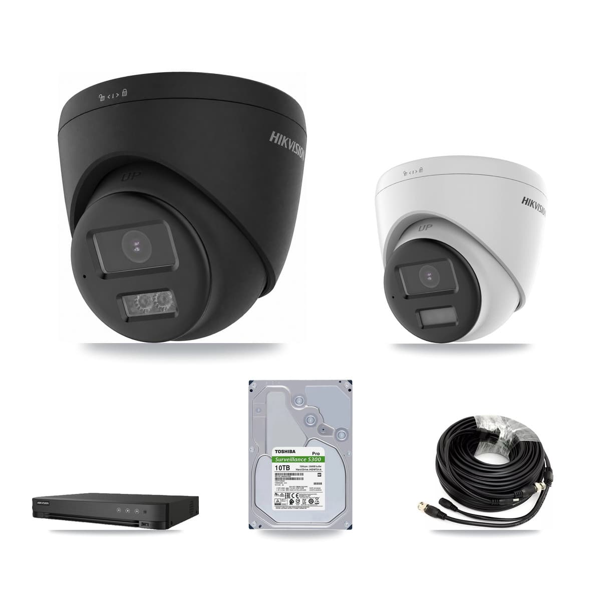 Hikvision 8-Channel 4K CCTV Kit — 1 DS-2CE78U0T-LPTS + 3 Black DS-2CE78U0T-LTS-BLACK Turret Cameras + 10TB Recording (IDS-7208HUHI-M1/E Recorder)