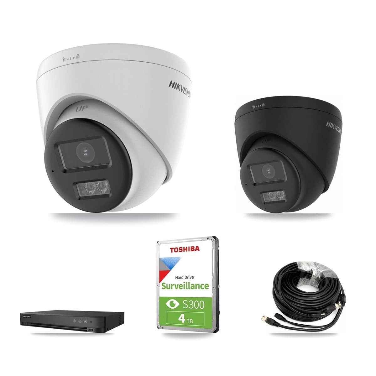 Hikvision 4-Channel 5MP – 4K CCTV Kit — 1 DS-2CE78K0T-LTS 5MP + 1 Black DS-2CE78U0T-LTS-BLACK 4K Turret Cameras + 4TB Recording (DS-7204HUHI-K1/P Recorder)