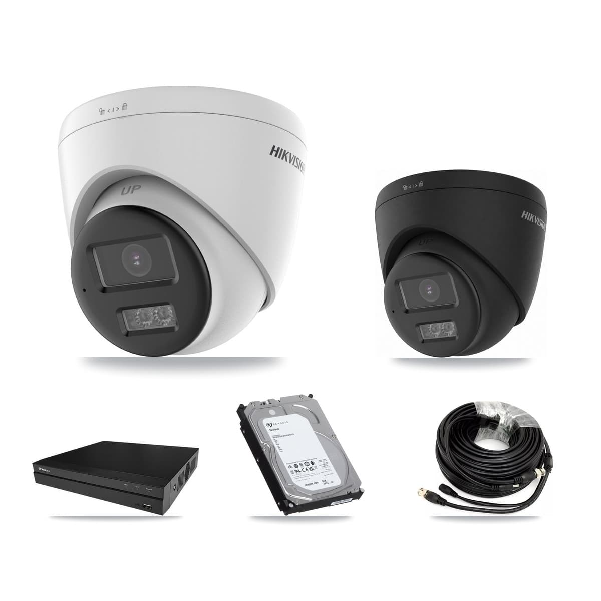 Hikvision & Prolux 8-Channel 5MP – 4K CCTV Kit — 3 DS-2CE78K0T-LTS 5MP + 1 Black DS-2CE78U0T-LTS-BLACK 4K Turret Cameras + 6TB Recording (PXD-5208AN-4KL-X-8P Recorder) - Image 1
