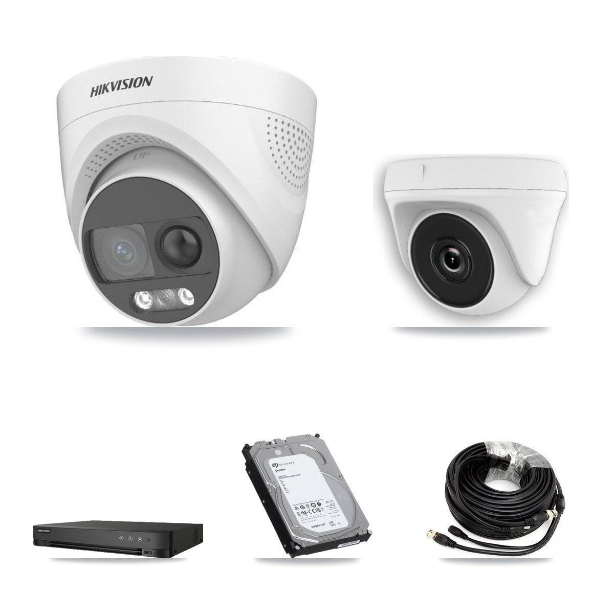 Hikvision 8-Channel 2MP – 5MP CCTV Kit — 3 DS-2CE72KF3T 5MP Turret + 3 White HDT-2MP-N20W 2MP Dome Cameras + 6TB Recording (IDS-7208HQHI Recorder)
