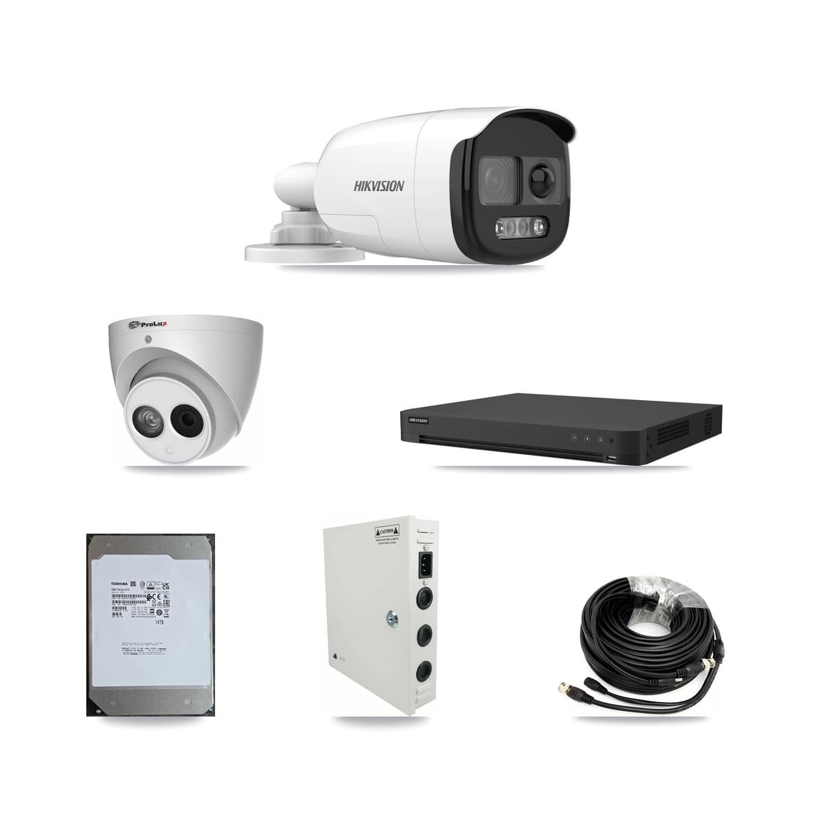 Hikvision & Prolux 16-Channel 4MP – 5MP CCTV Kit — 11 DS-2CE12KF3T 5MP Bullet + 1 PXC-612C4W-A 4MP Turret Cameras + 14TB Recording