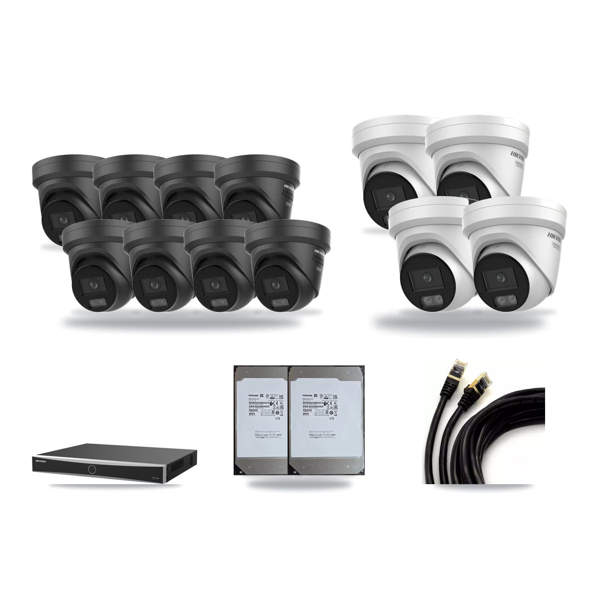 Hikvision 16-Channel 4K CCTV Kit — 4 + 8 Black Turret Cameras + 2× 14TB Recording (DS-7616NXI Recorder) - Image 1