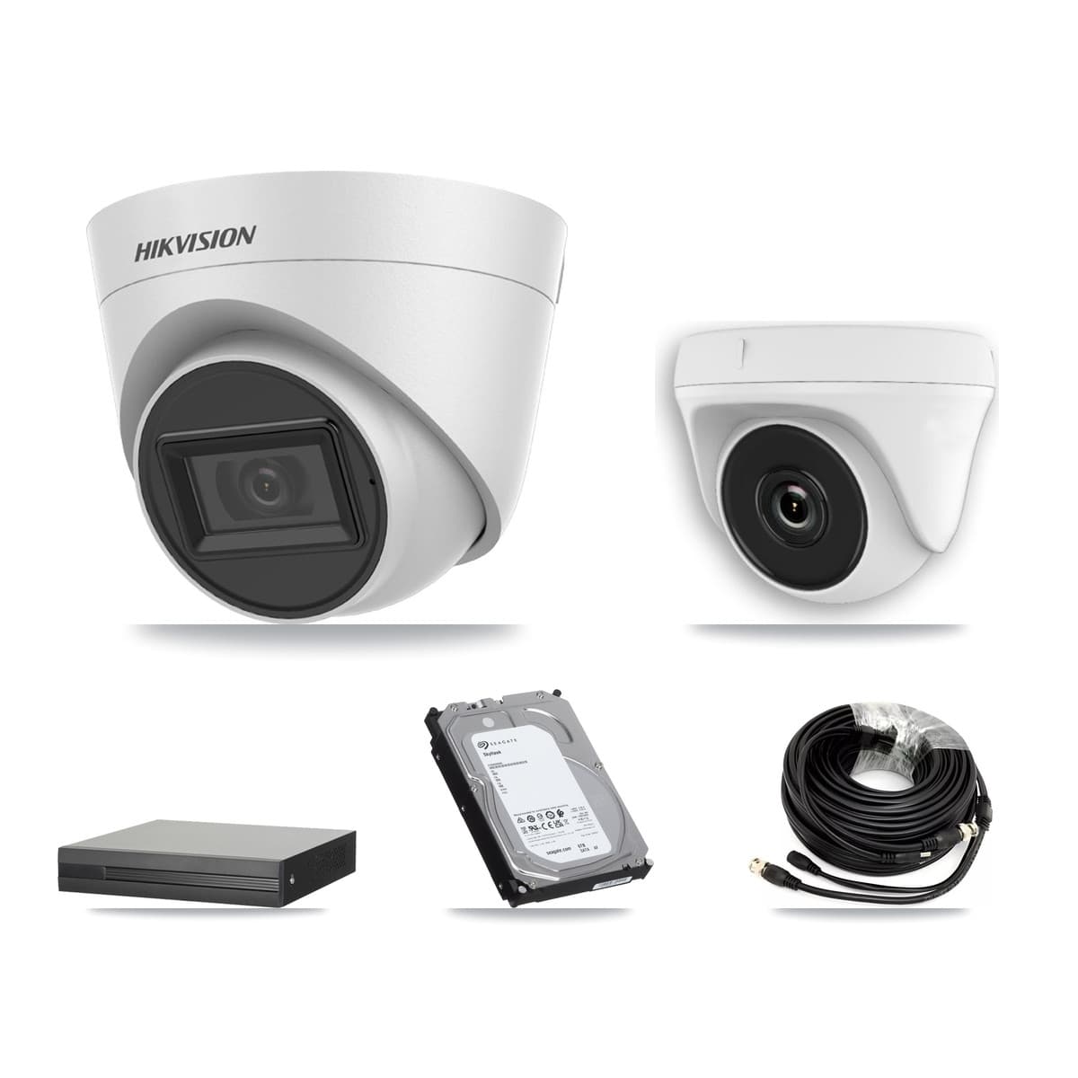 Hikvision 4-Channel 2MP – 5MP CCTV Kit — 2 White 5MP Turret + 2 White 2MP Dome Cameras + 6TB Recording (XVR-3104HS Recorder)