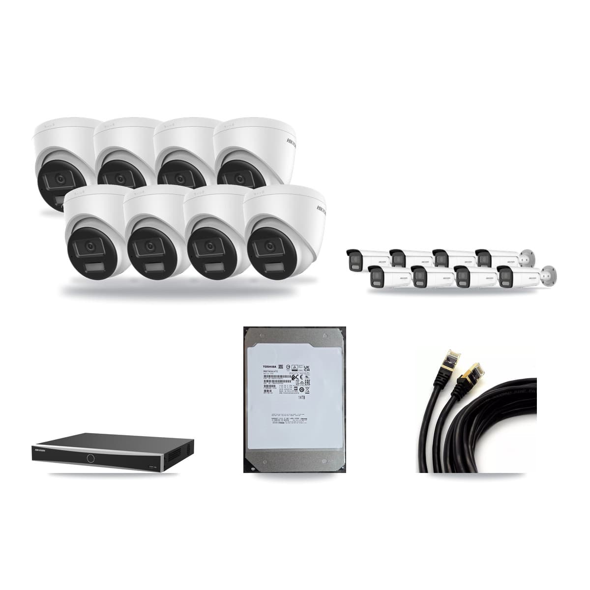 Hikvision 16-Channel 4K CCTV Kit — 8 DS-2CD1383G2-LIUF/SL Turret + 8 White DS-2CD2T87G2H-LISU/SL-2.8MM-W Bullet Cameras + 14TB Recording (DS-7616NXI-K2/16P(E) Recorder) - Image 1