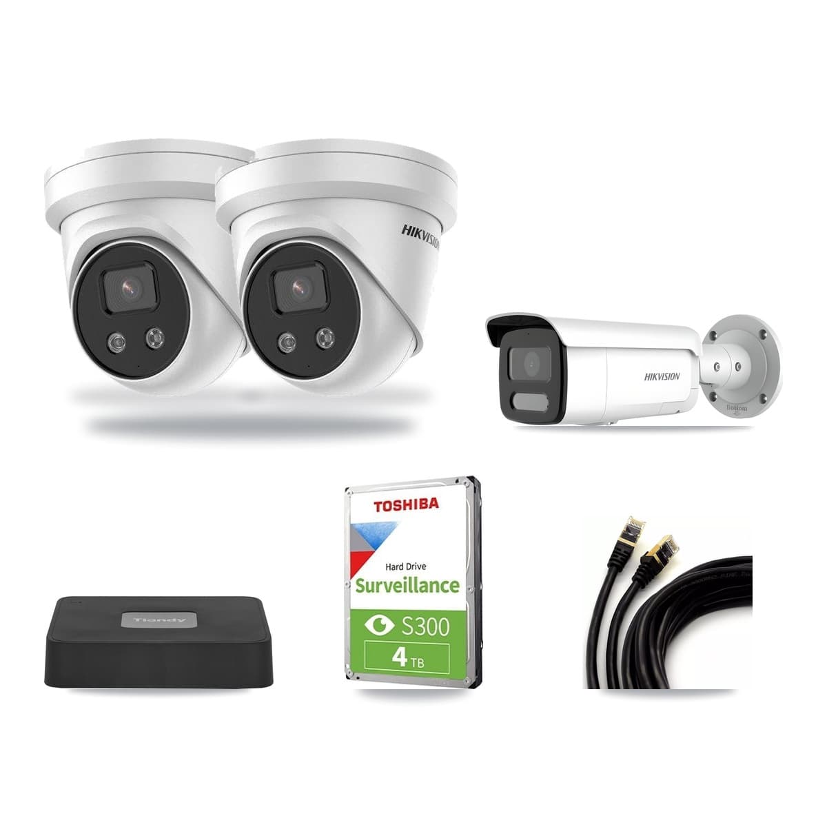 Hikvision & Tiandy 4-Channel 4MP – 5MP CCTV Kit — 1 4MP Bullet + 2 5MP Turret Cameras + 4TB Recording - Image 1
