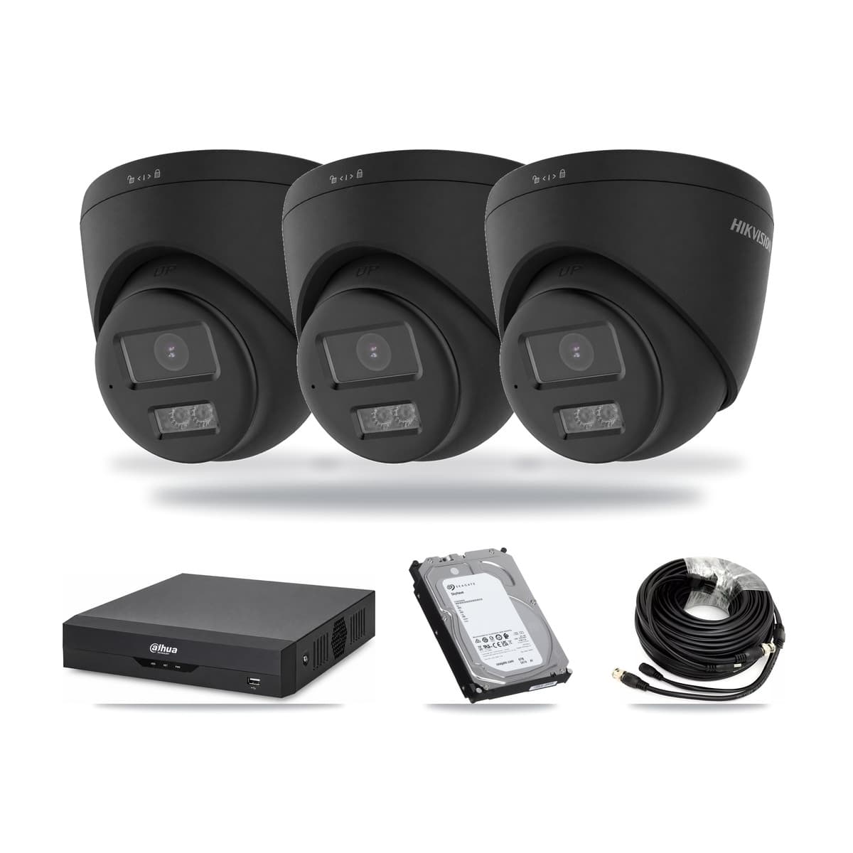 Hikvision & Dahua 4-Channel 4K CCTV Kit — 3 Black Turret Cameras + 6TB Recording - Image 1