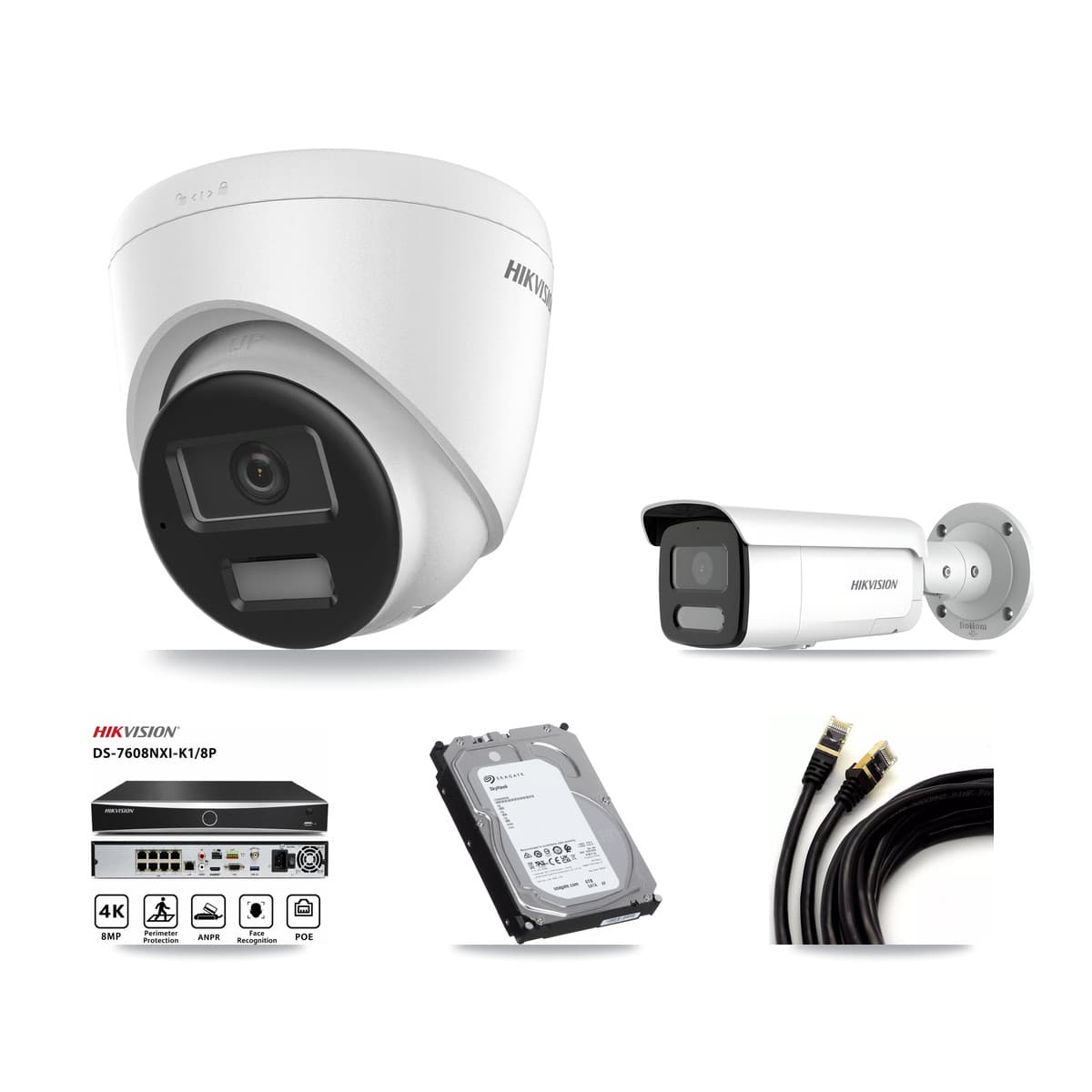 Hikvision 8-Channel 4MP – 4K CCTV Kit — 2 4K Turret + 1 4MP Bullet Cameras + 6TB Recording (DS-7608NXI Recorder)
