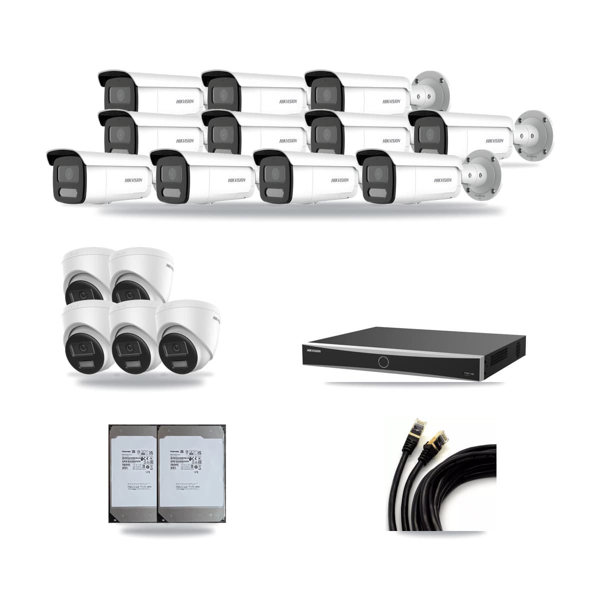 Hikvision 16-Channel 4MP – 4K CCTV Kit — 5 DS-2CD1383G2-LIUF/SL 4K Turret + 11 DS-2CD2T47G2H-LISU/SL 4MP Bullet Cameras + 2× 14TB Recording (DS-7616NXI-K2/16P(E) Recorder) - Image 1