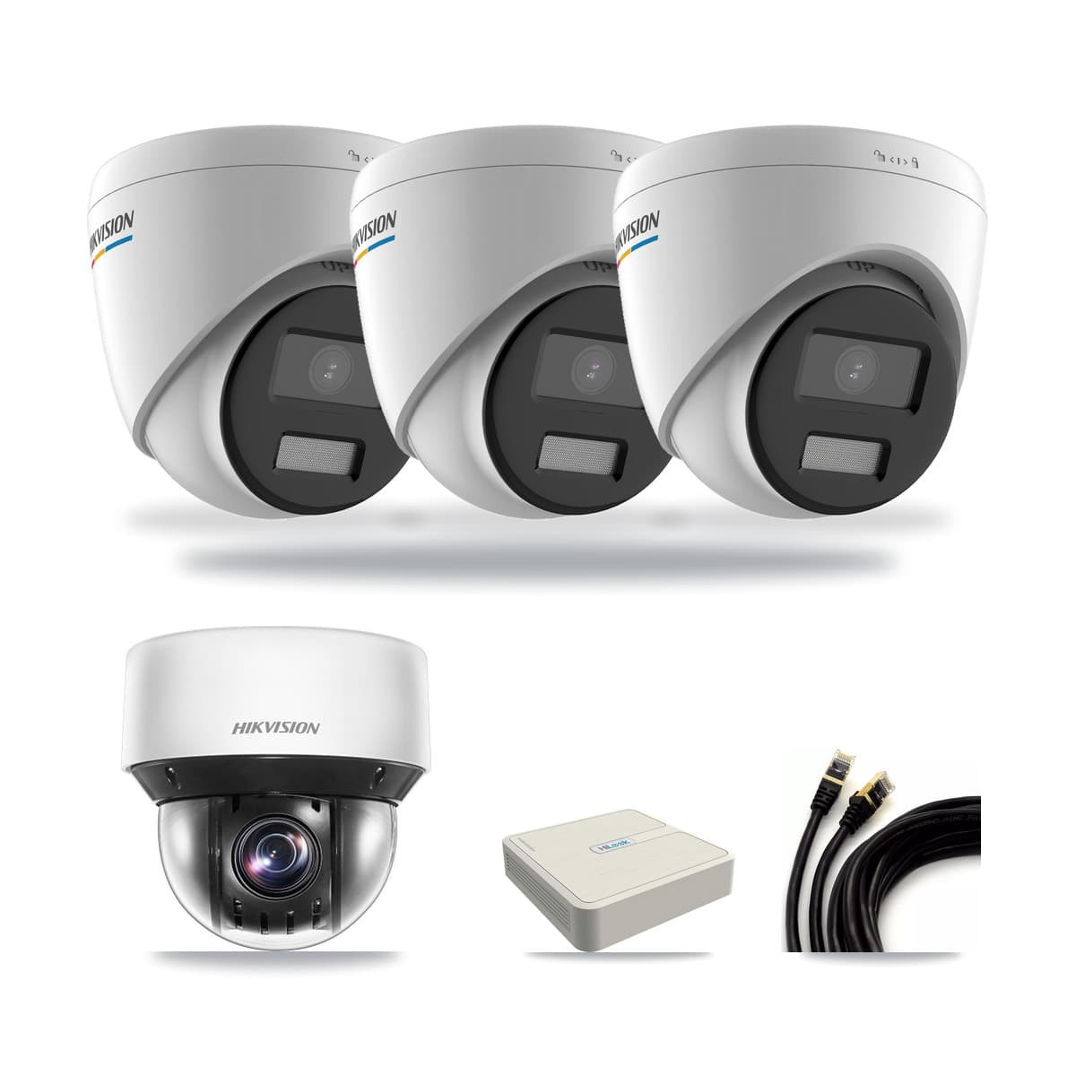 Hikvision & HiLook 8-Channel 2MP – 4MP CCTV Kit — 3 DS-2CD1327G2 2MP Turret + 1 DS-2DE4A425IW 4MP PTZ Cameras + 3TB Recording - Image 1