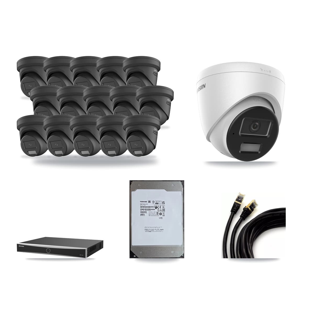 Hikvision 16-Channel 4MP CCTV Kit — 1 DS-2CD1343G2 + 15 Black DS-2CD2347G2 Turret Cameras + 14TB Recording (DS-7616NXI Recorder) - Image 1