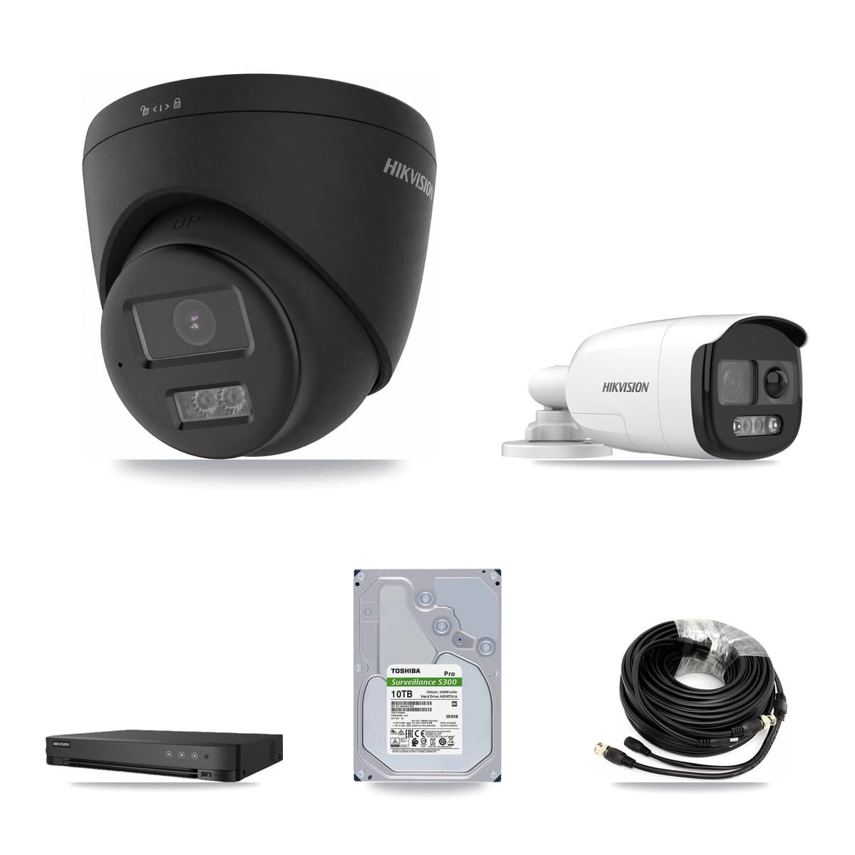 Hikvision 8-Channel 5MP – 4K CCTV Kit — 1 DS-2CE12KF3T-PIRXO 5MP Bullet + 3 Black DS-2CE78U0T-LTS-BLACK 4K Turret Cameras + 10TB Recording (IDS-7208HUHI-M1/E Recorder)