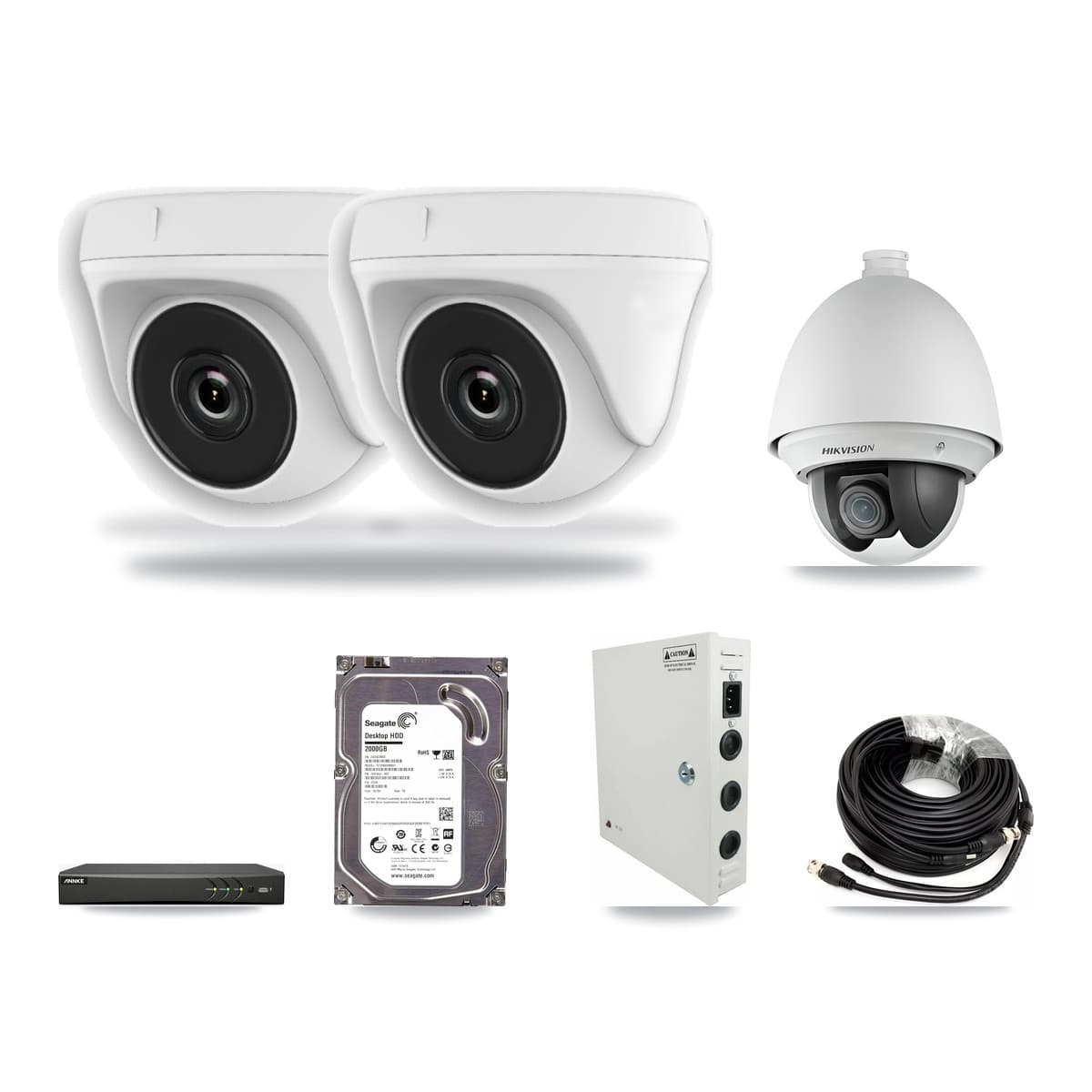 Hikvision & ANNKE 4-Channel 2MP CCTV Kit — 1 DS-2AE4225T PTZ + 2 White HDT-2MP-N20W Dome Cameras + 2TB Recording - Image 1