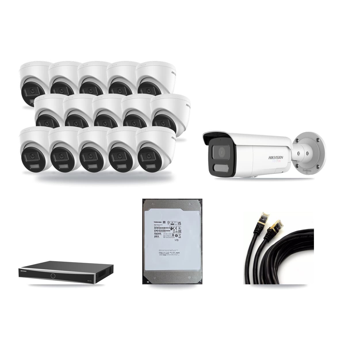 Hikvision 16-Channel 4K CCTV Kit — 15 DS-2CD1383G2-LIUF/SL Turret + 1 White DS-2CD2T87G2H-LISU/SL-2.8MM-W Bullet Cameras + 14TB Recording (DS-7616NXI-K2/16P(E) Recorder) - Image 1
