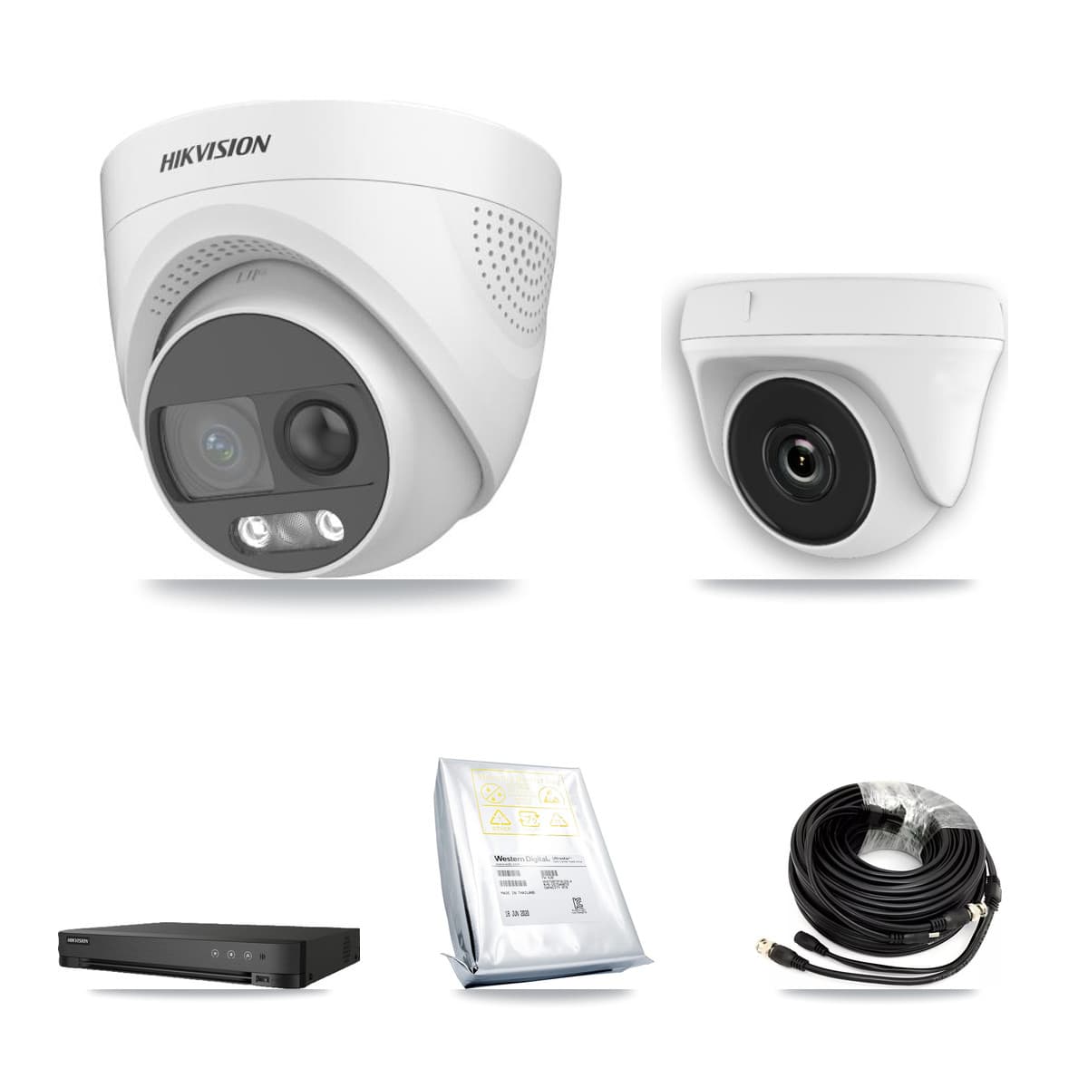 Hikvision 8-Channel 2MP – 5MP CCTV Kit — 4 DS-2CE72KF3T 5MP Turret + 4 White HDT-2MP-N20W 2MP Dome Cameras + 8TB Recording (IDS-7208HQHI Recorder) - Image 1