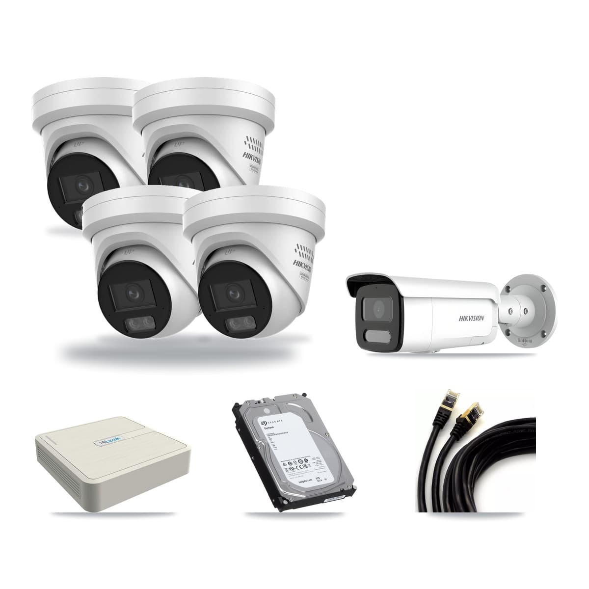Hikvision & HiLook 8-Channel 4MP CCTV Kit — 4 DS-2CD2347G3 Turret + 1 DS-2CD2T47G2H Bullet Cameras + 6TB Recording - Image 1