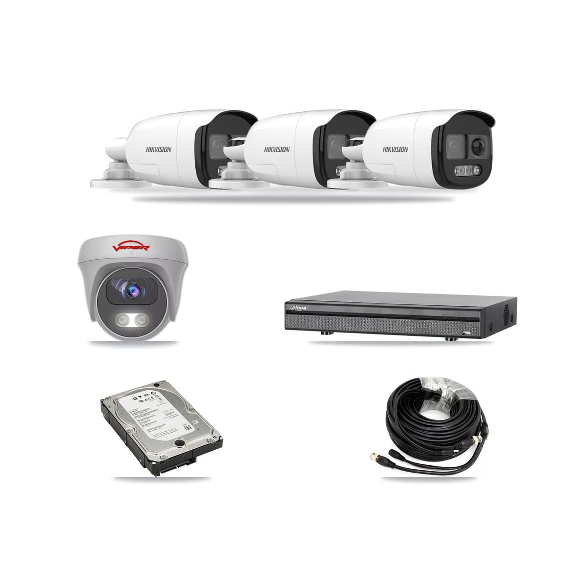 8-Channel 5MP CCTV Kit — 3 DS-2CE12KF3T Bullet + 1 White VIPER-5MP-3K Cameras + 5TB Recording (DH-XVR5108H Recorder) - Image 1