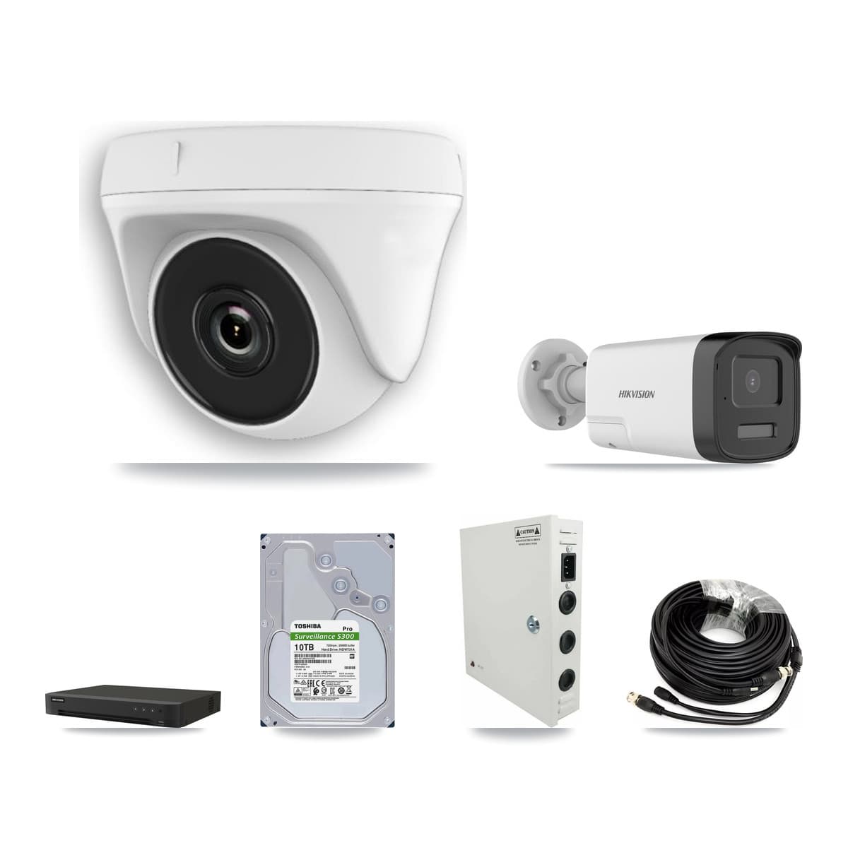 Hikvision 16-Channel 2MP – 5MP CCTV Kit — 1 DS-2CE17K0T 5MP Bullet + 13 White HDT-2MP-N20W 2MP Dome Cameras + 10TB Recording (IDS-7216HQHI Recorder)