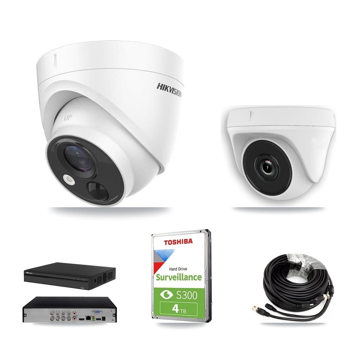 Hikvision & Prolux 8-Channel 2MP – 5MP CCTV Kit — 2 DS-2CE71H0T 5MP Turret + 2 White HDT-2MP-N20W 2MP Dome Cameras + 4TB Recording - Image 1