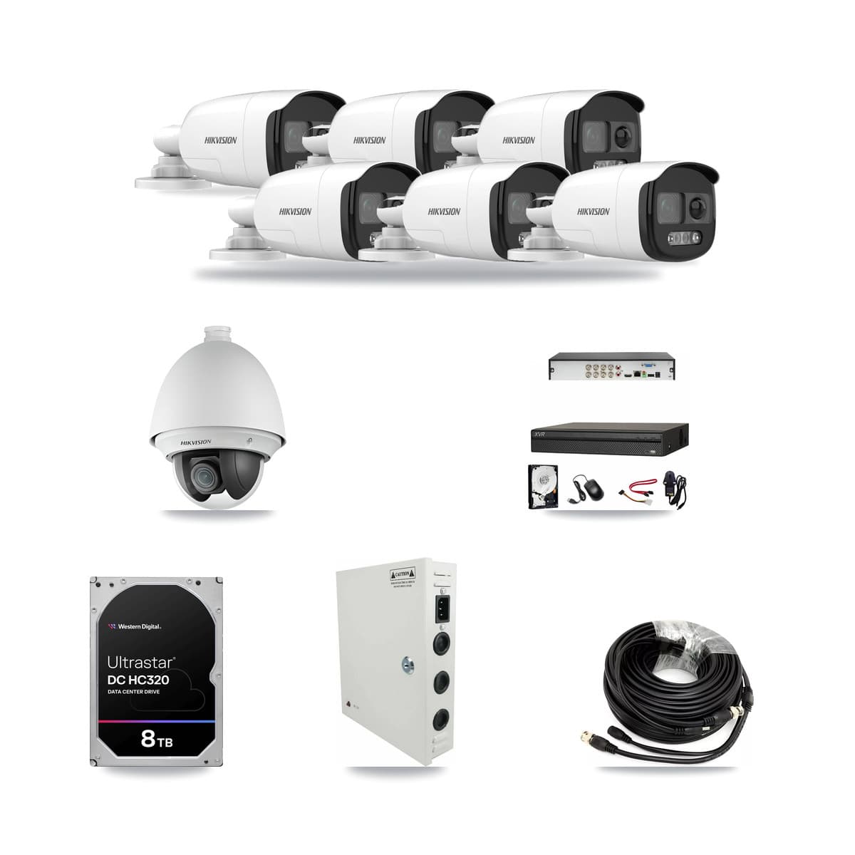 Hikvision & Dahua 8-Channel 2MP – 5MP CCTV Kit — 1 2MP PTZ + 6 5MP Bullet Cameras + 8TB Recording - Image 1
