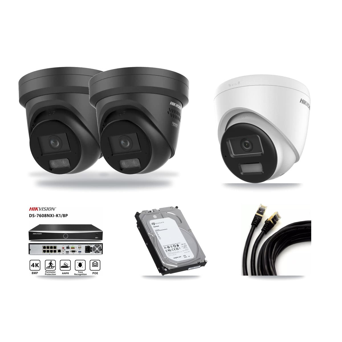Hikvision 8-channel CCTV kit: 3 cameras (2× 4K Black Turret + 1× 4K Turret), 6TB hard drive