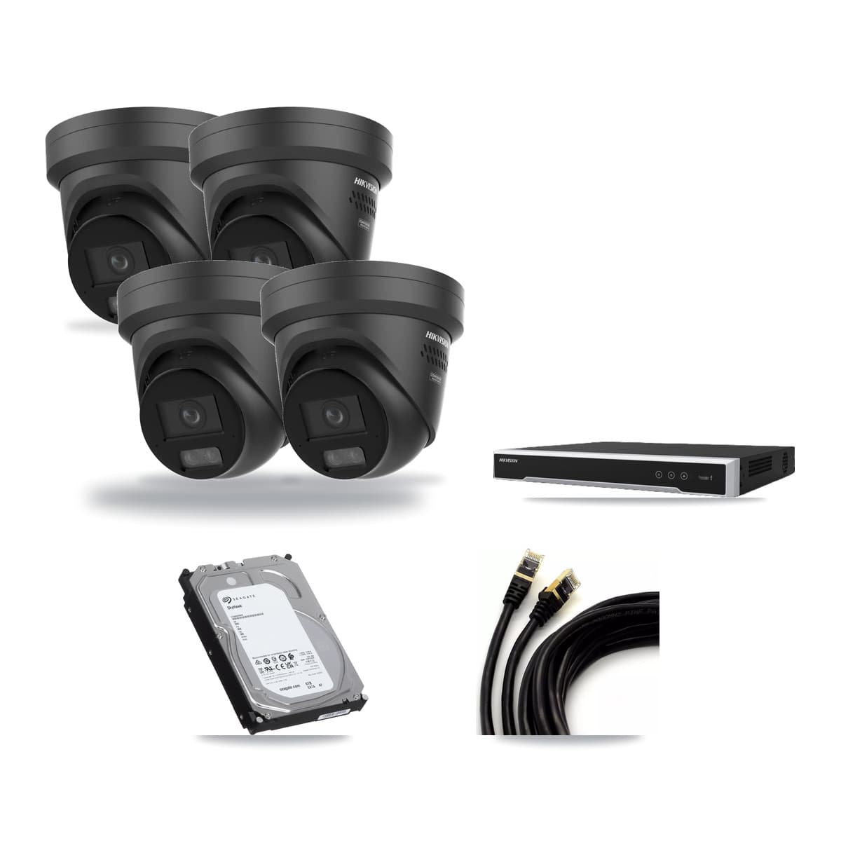 Hikvision 8-Channel 4K CCTV Kit — 4 Black Turret Cameras + 6TB Recording (DS-7608NI-M2 Recorder) - Image 1