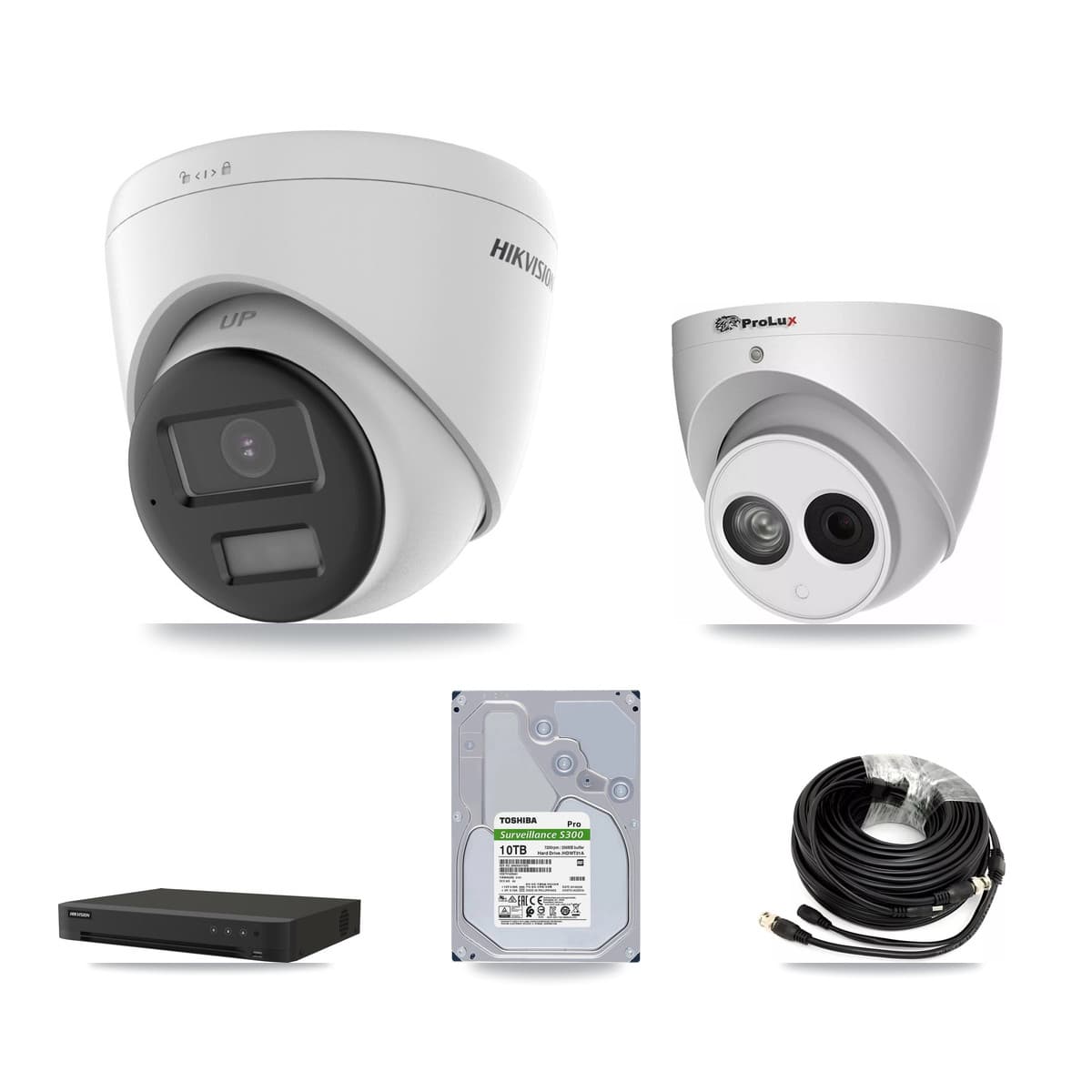Hikvision & Prolux 8-Channel 4MP – 4K CCTV Kit — 3 DS-2CE78U0T-LPTS 4K + 1 PXC-612C4W-A-POC 4MP Turret Cameras + 10TB Recording (IDS-7208HUHI-M1/XT Recorder)