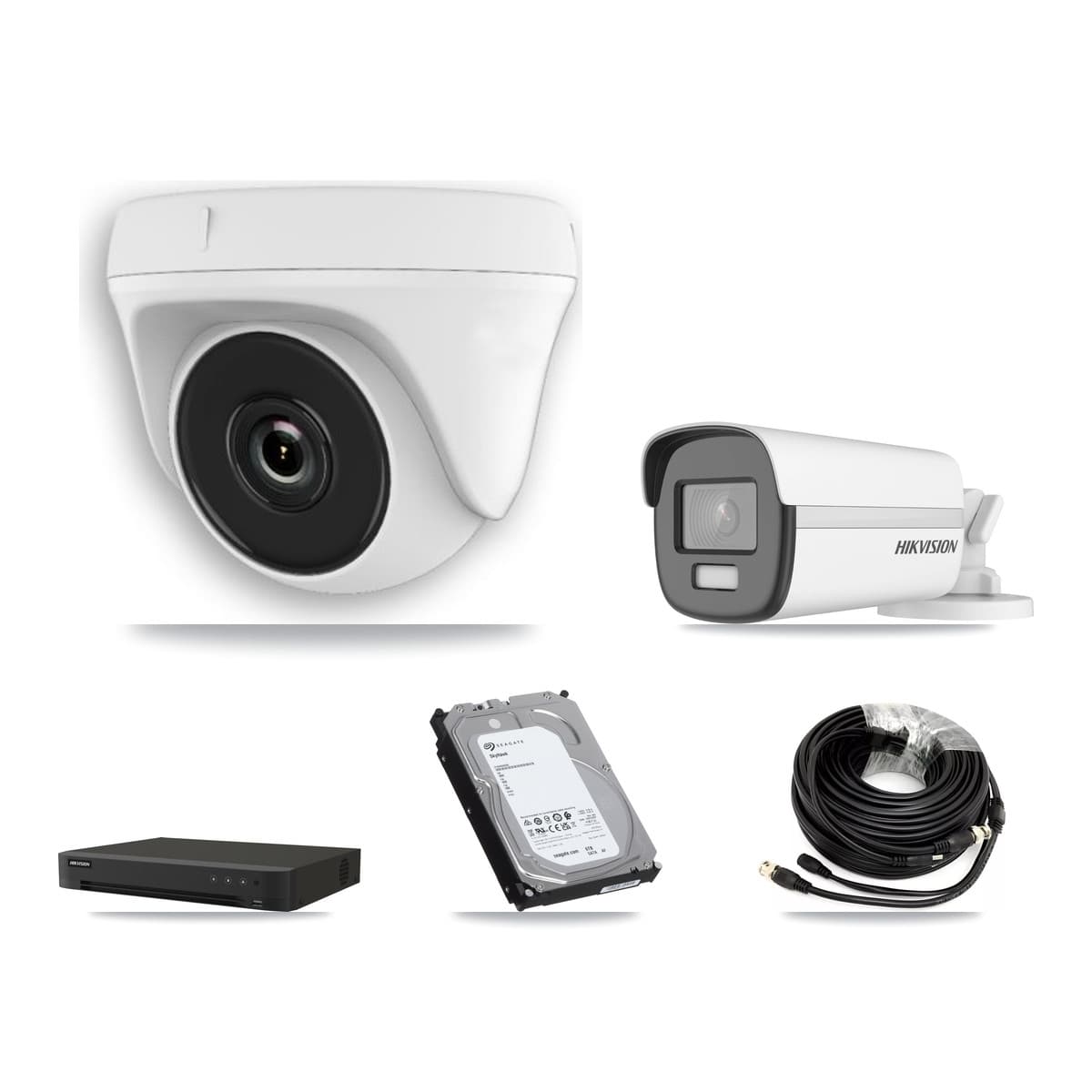 Hikvision 8-Channel 2MP – 4K CCTV Kit — 1 DS-2CE12UF3T-E 4K Bullet + 6 White HDT-2MP-N20W-2.8MM 2MP Dome Cameras + 6TB Recording (IDS-7208HUHI-M1/XT Recorder)