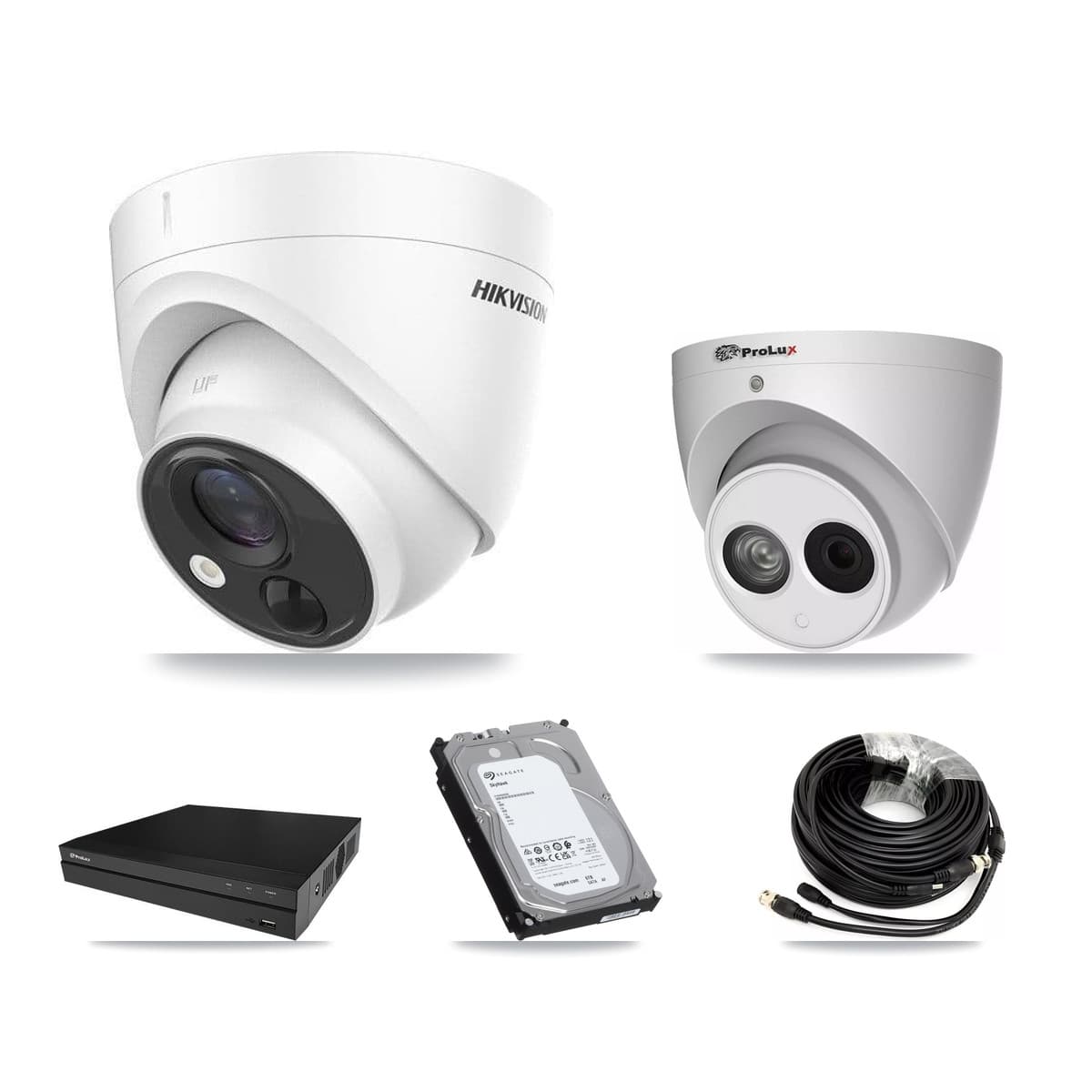Hikvision & Prolux 8-Channel 4MP – 5MP CCTV Kit — 6 DS-2CE71H0T 5MP + 1 PXC-612C4W-A 4MP Turret Cameras + 2× 6TB Recording - Image 1