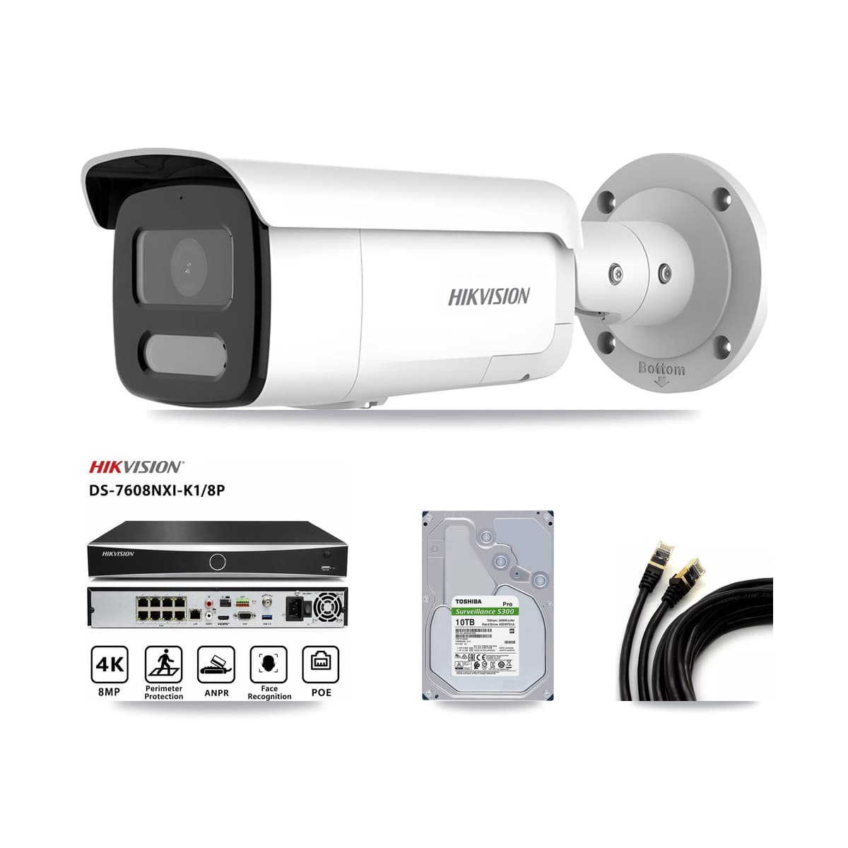 Hikvision 8-Channel 4MP CCTV Kit — 8 Bullet Cameras + 10TB Recording (DS-7608NXI Recorder)