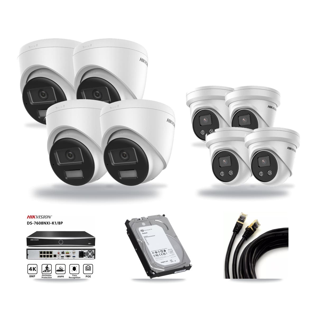 Hikvision 8-Channel 5MP – 4K CCTV Kit — 4 DS-2CD1383G2-LIU 4K + 4 DS-2CD3356G2-ISU 5MP Turret Cameras + 6TB Recording (DS-7608NXI-K1/8P Recorder) - Image 1