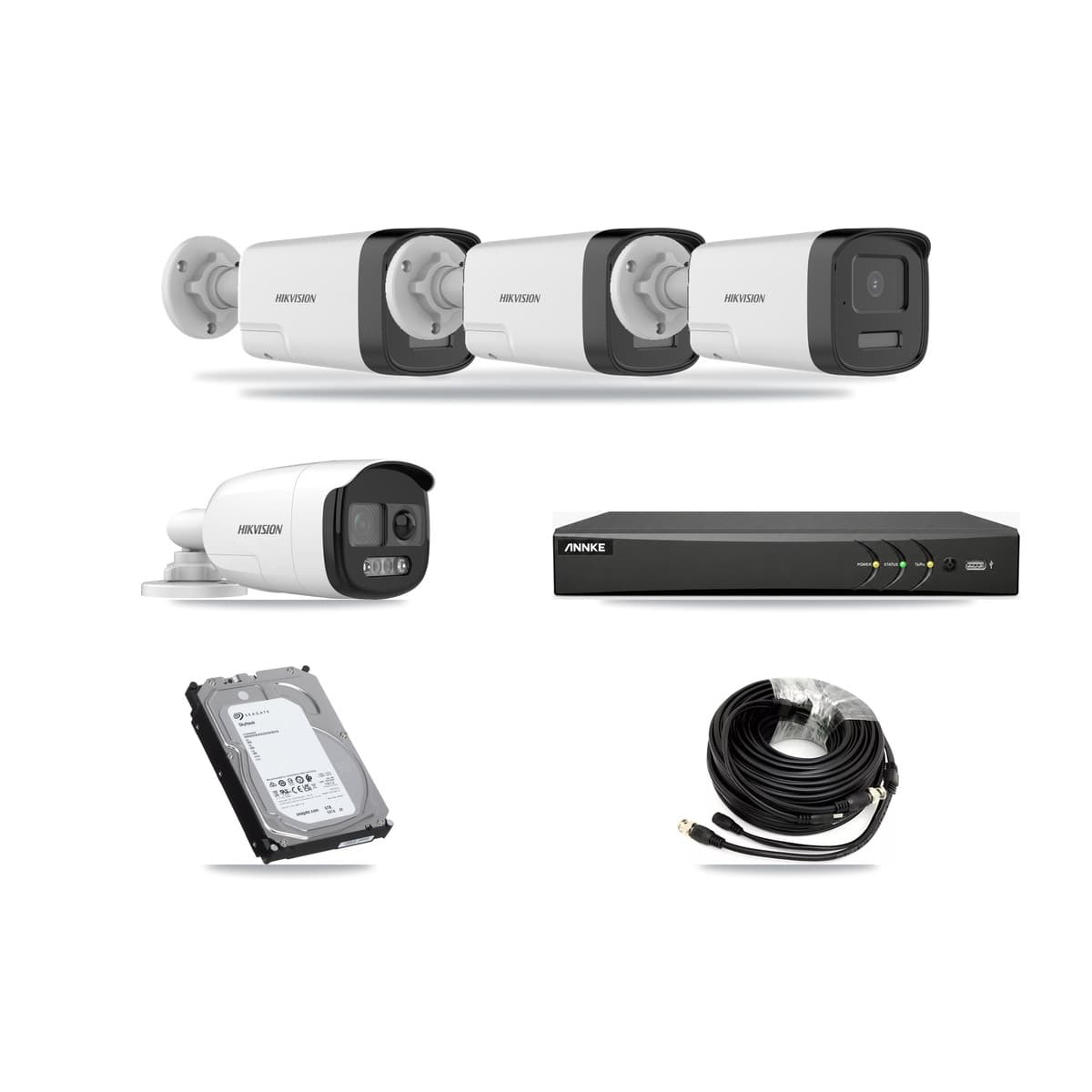 Hikvision & ANNKE 4-Channel 5MP CCTV Kit — 1 DS-2CE12KF3T + 3 DS-2CE17K0T Bullet Cameras + 6TB Recording - Image 1