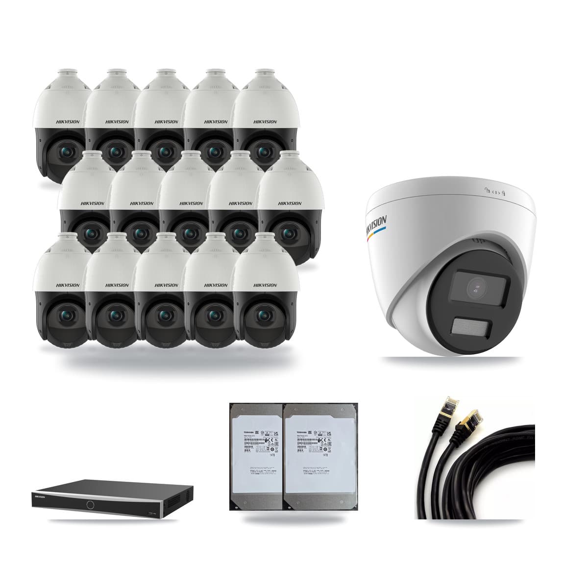 Hikvision 16-Channel 2MP – 4MP CCTV Kit — 1 2MP Turret + 15 4MP PTZ Cameras + 2× 14TB Recording (DS-7616NXI Recorder) - Image 1