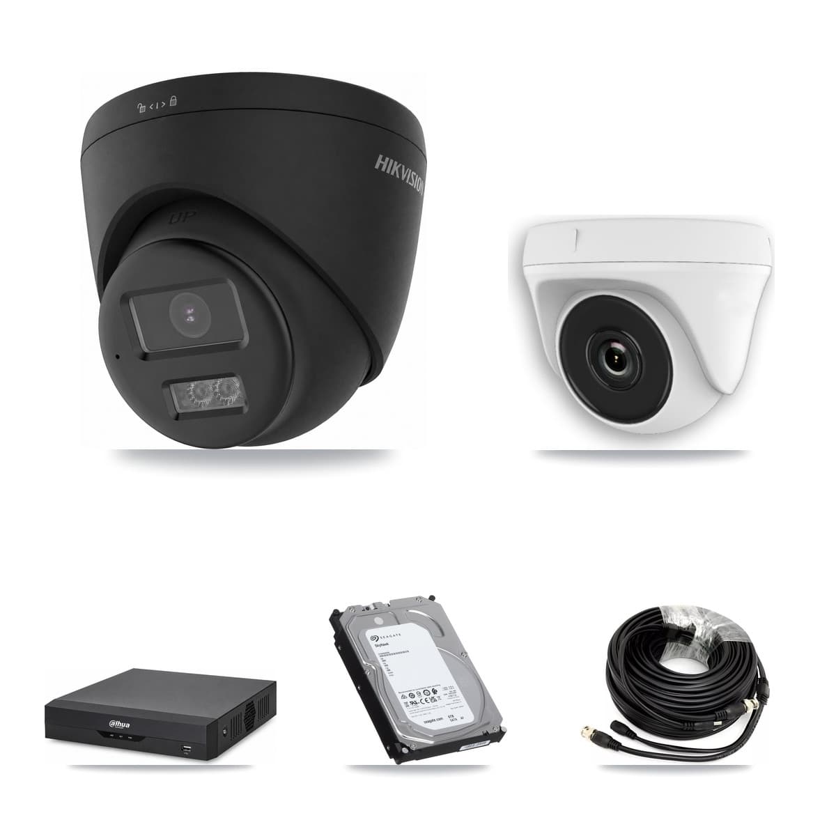 Hikvision & Dahua 4-Channel 2MP – 4K CCTV Kit — 2 Black 4K Turret + 2 White 2MP Dome Cameras + 6TB Recording