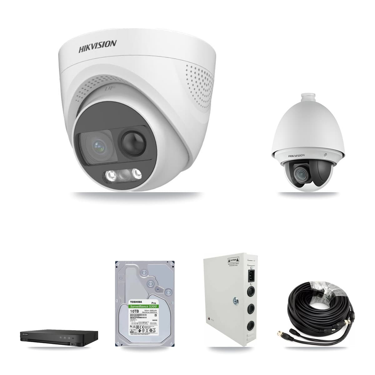 Hikvision 8-Channel 2MP – 5MP CCTV Kit — 1 DS-2AE4225T 2MP PTZ + 7 DS-2CE72KF3T 5MP Turret Cameras + 10TB Recording (IDS-7208HQHI Recorder)