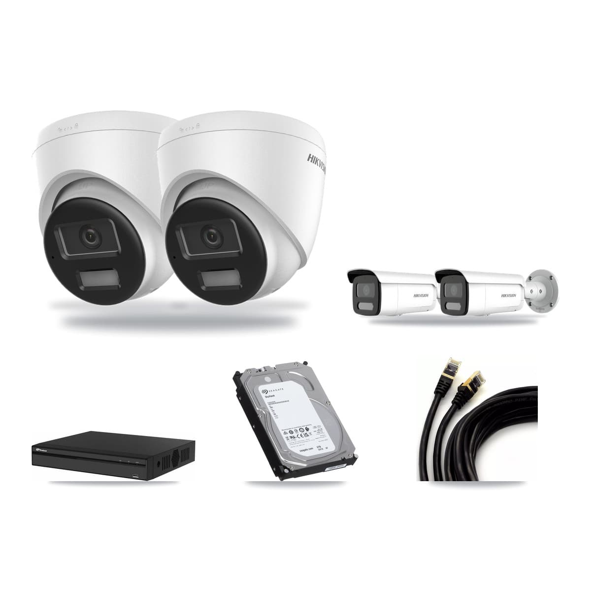 Hikvision & Prolux 4-Channel 4MP – 4K CCTV Kit — 2 DS-2CD1383G2-LIUF/SL 4K Turret + 2 DS-2CD2T47G2H-LISU/SL 4MP Bullet Cameras + 6TB Recording (PXN-2104HS-4P-4K Recorder) - Image 1