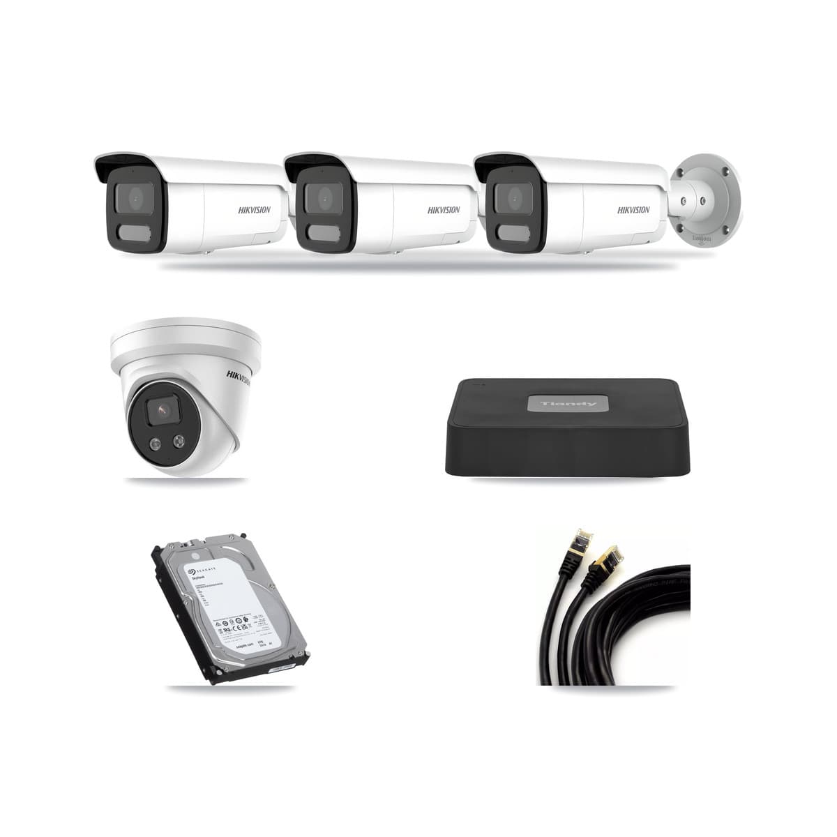 Hikvision & Tiandy 4-Channel 4MP – 5MP CCTV Kit — 3 4MP Bullet + 1 5MP Turret Cameras + 6TB Recording - Image 1
