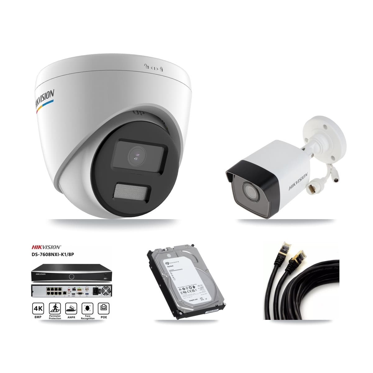 Hikvision 8-Channel 2MP – 5MP CCTV Kit — 1 5MP Bullet + 7 2MP Turret Cameras + 6TB Recording (DS-7608NXI Recorder)