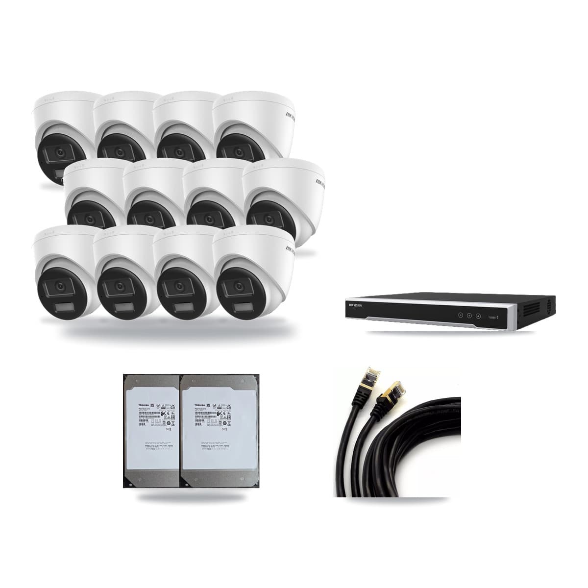 Hikvision 16-Channel 4K CCTV Kit — 12 DS-2CD1383G2-LIU Turret Cameras + 2× 14TB Recording (DS-7616NI-M2/16P Recorder) - Image 1