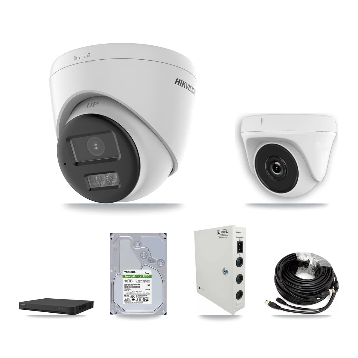 Hikvision 32-Channel 2MP – 5MP CCTV Kit — 10 DS-2CE78K0T-LTS 5MP Turret + 10 White HDT-2MP-N20W-2.8MM 2MP Dome Cameras + 2× 10TB Recording (IDS-7232HQHI-M2/XT Recorder) - Image 1