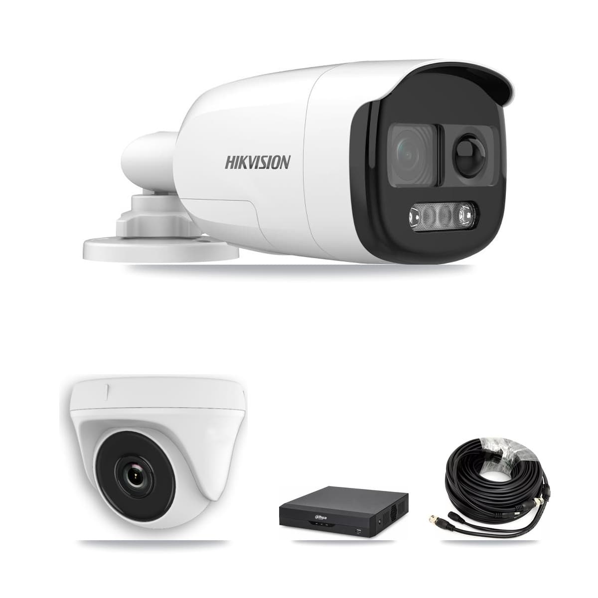 Hikvision & Dahua 4-Channel 2MP – 5MP CCTV Kit — 2 DS-2CE12KF3T 5MP Bullet + 1 White HDT-2MP-N20W 2MP Dome Cameras + 3TB Recording
