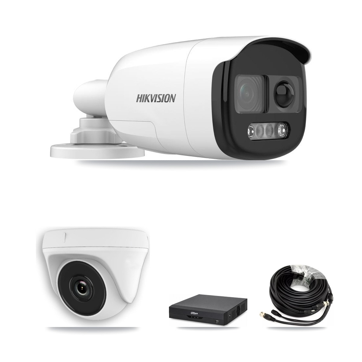 Hikvision & Dahua 4-Channel 2MP – 5MP CCTV Kit — 2 DS-2CE12KF3T 5MP Bullet + 1 White HDT-2MP-N20W 2MP Dome Cameras + 3TB Recording